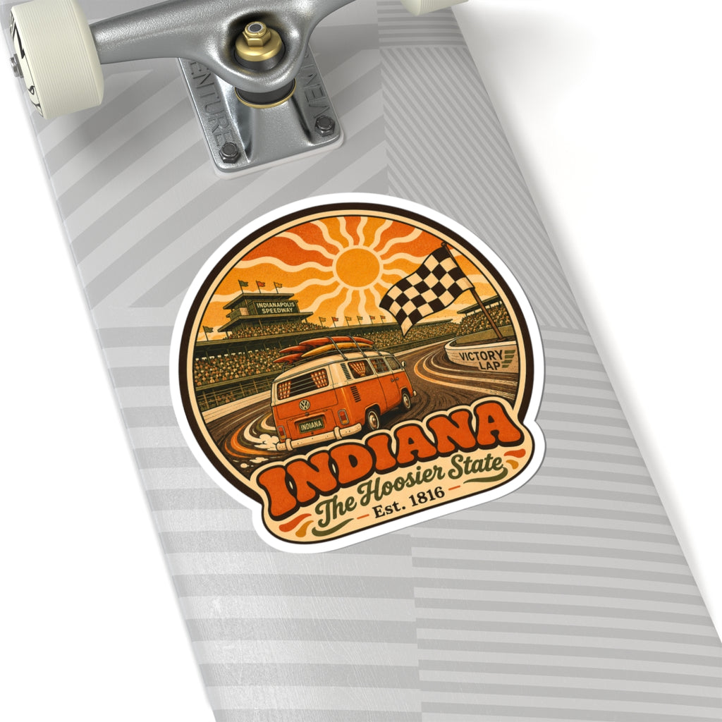 Circular racing van decal on gray striped fabric with orange VW van and checkered flag