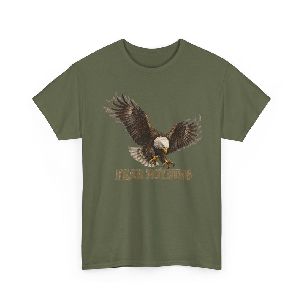Military green crewneck T-shirt with eagle graphic and “FEAR NOTHING”