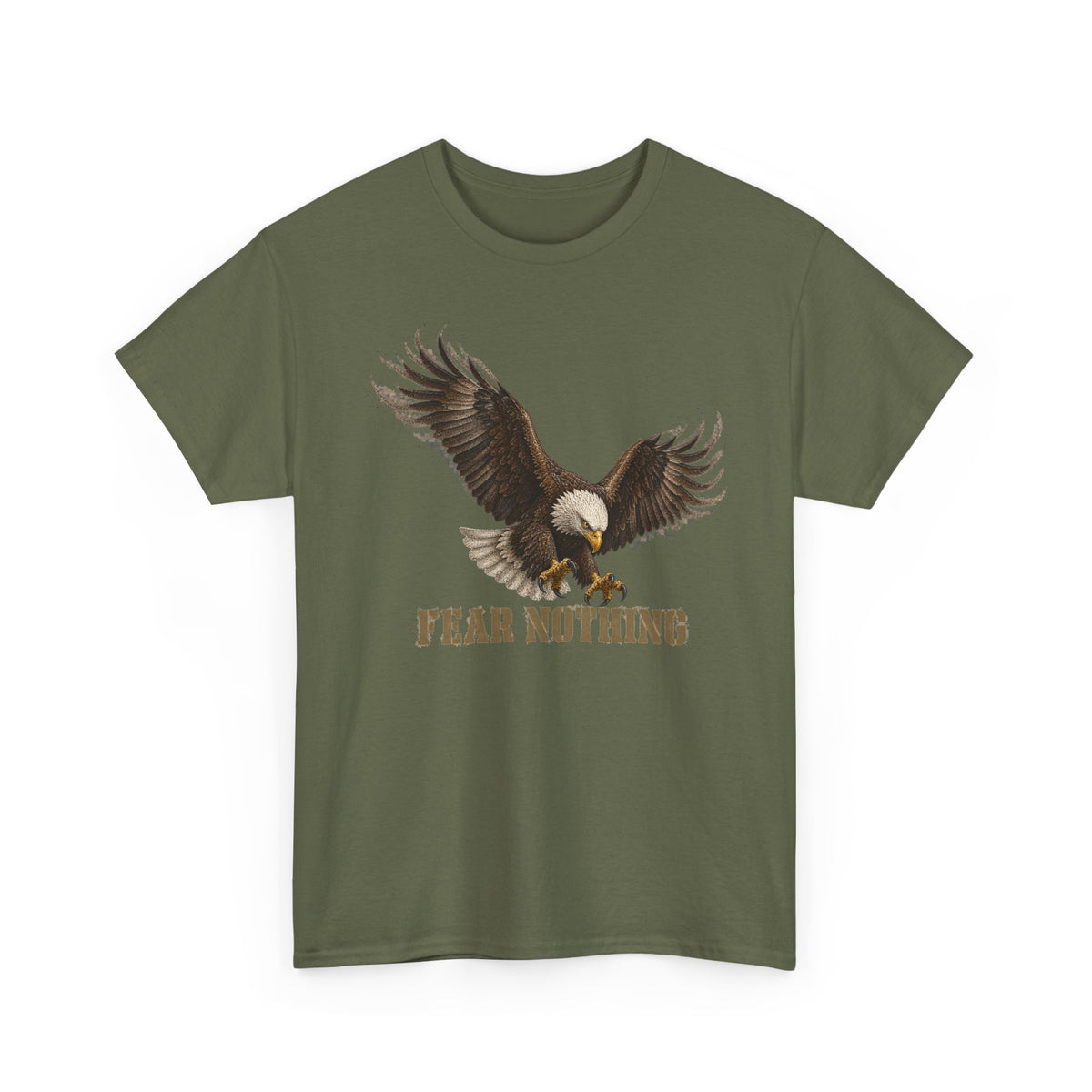 Military green crewneck T-shirt with eagle graphic and “FEAR NOTHING”