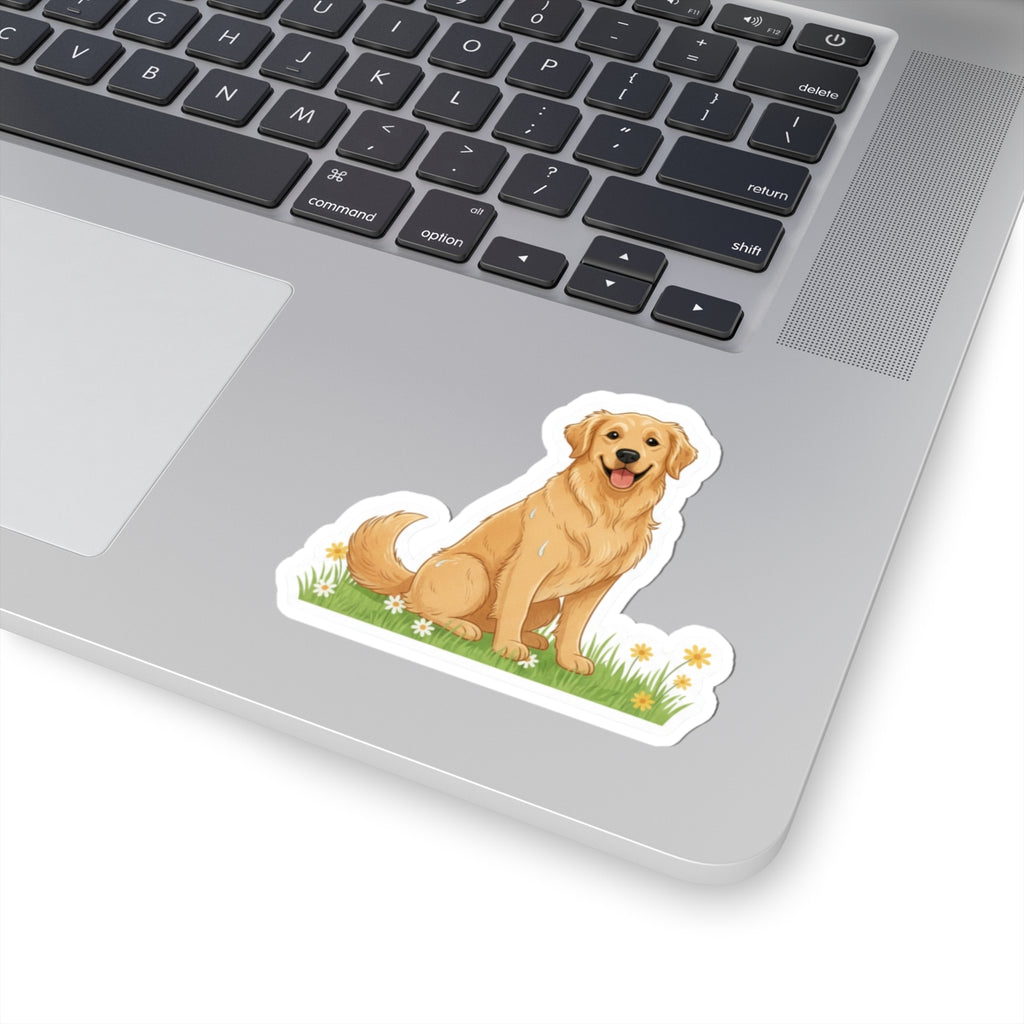 Golden Retriever sitting sticker placed on a laptop touchpad area, white border