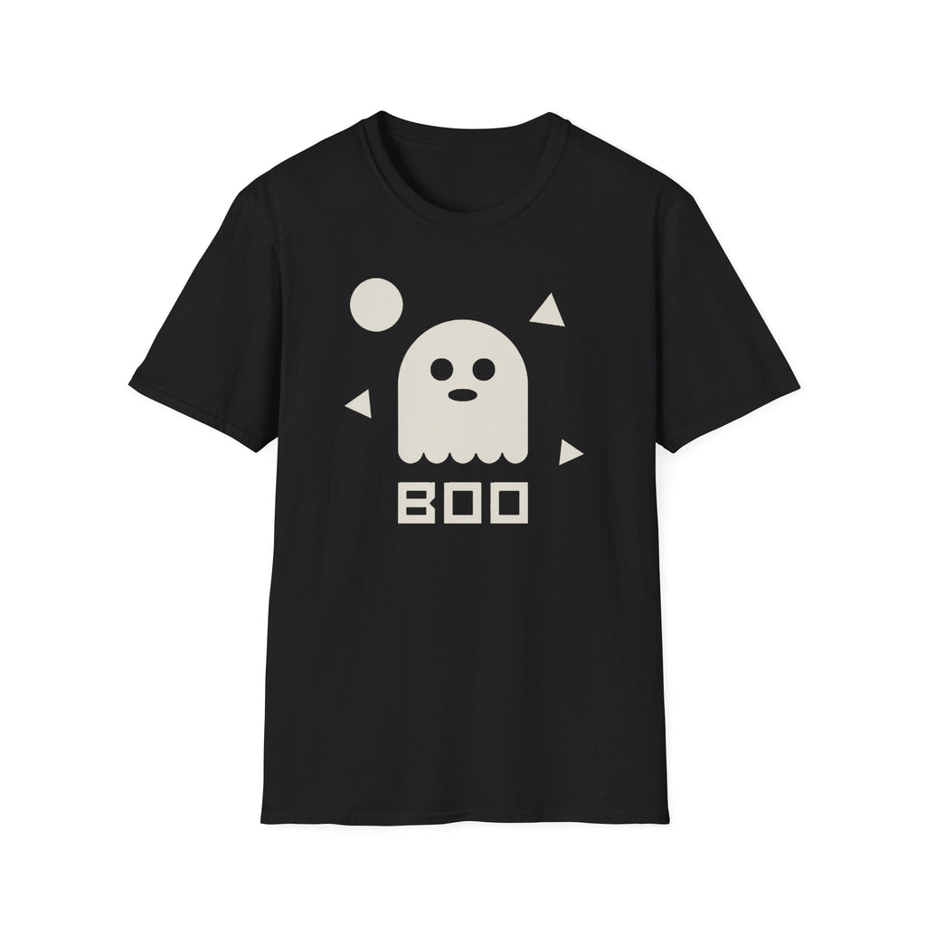 Black Halloween ghost graphic T-shirt with BOO text and small icons