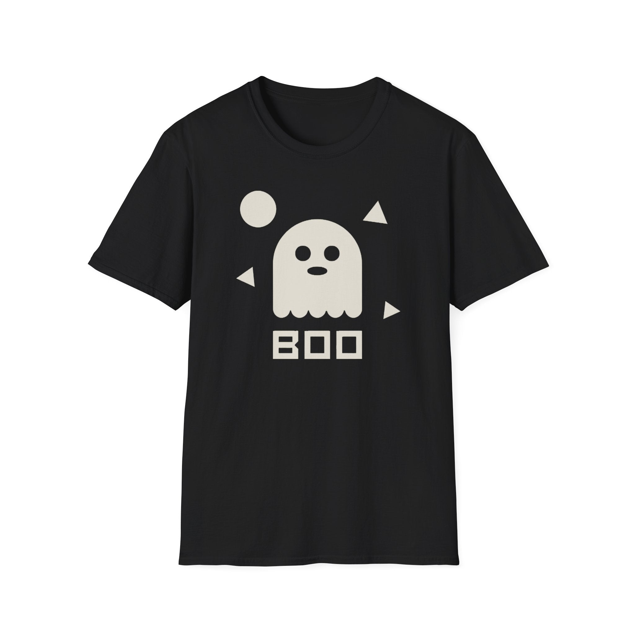 Black Halloween ghost graphic T-shirt with BOO text and small icons