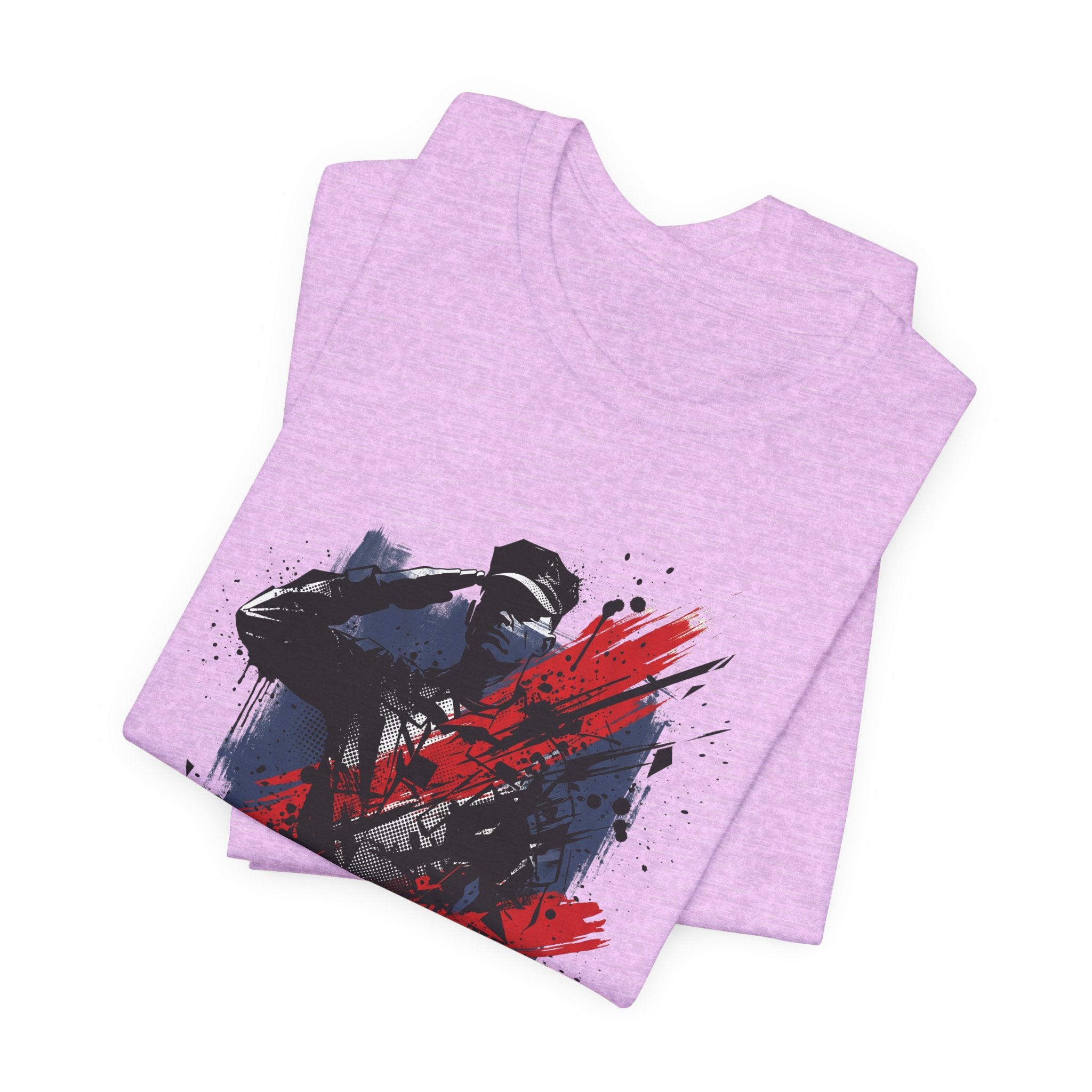 Mauve crewneck T-shirt with soldier silhouette graphic in red and black splatter.