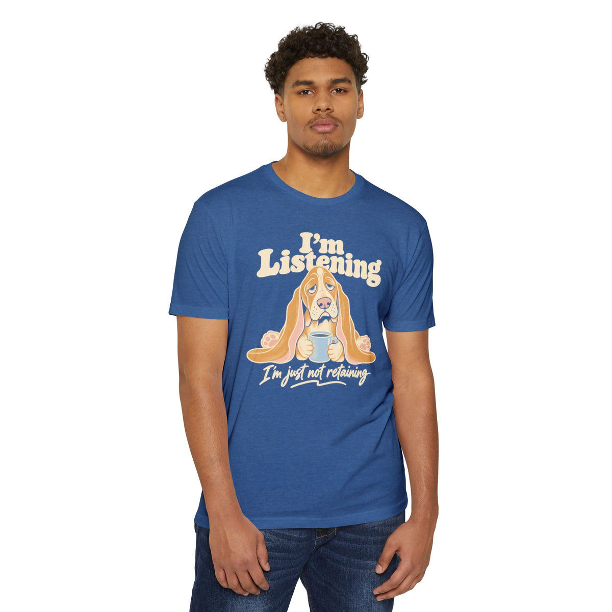 Light blue short-sleeve T-shirt with basset hound listening graphic and text print