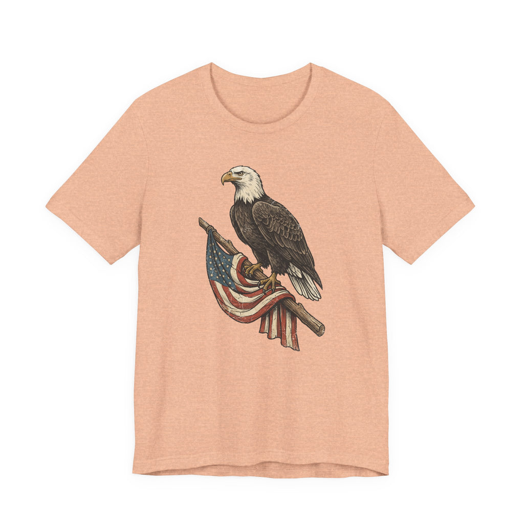 Peach crewneck t-shirt with vintage bald eagle graphic holding American flag