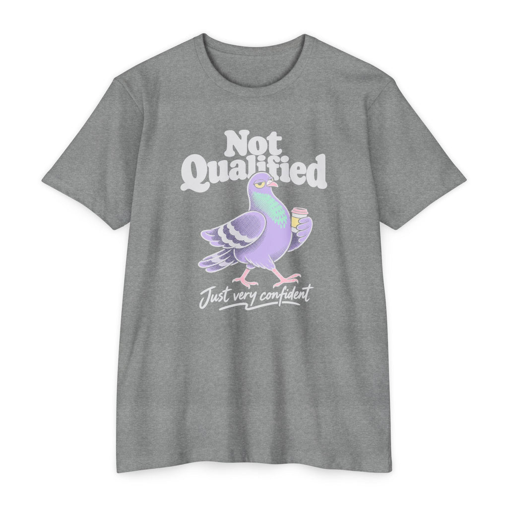 Heather gray crew-neck T-shirt with Not Qualified pigeon graphic
