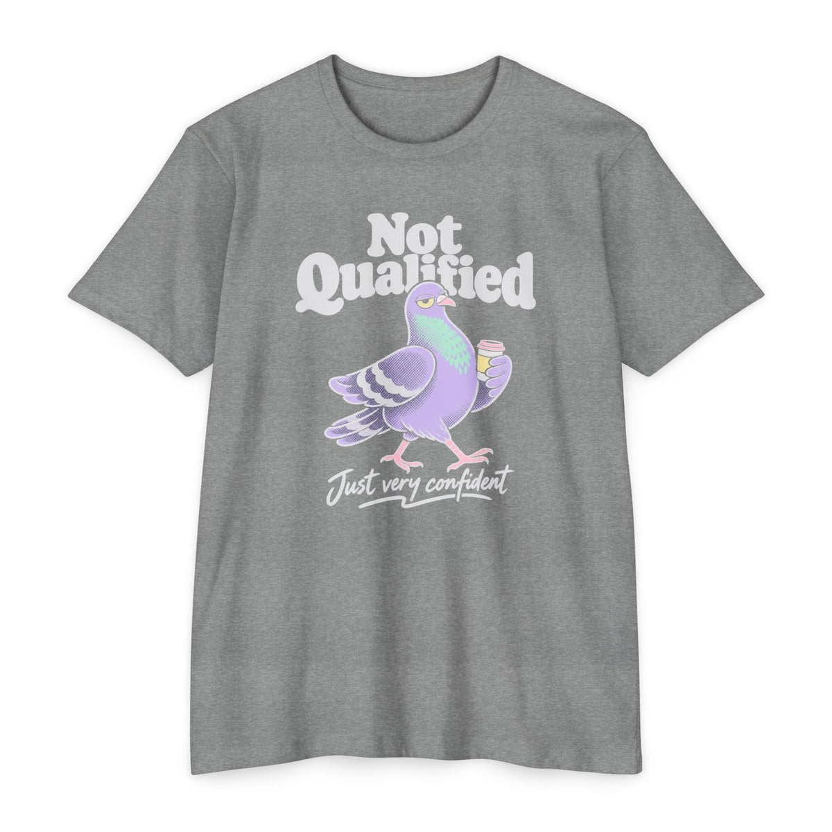 Heather gray crew-neck T-shirt with Not Qualified pigeon graphic