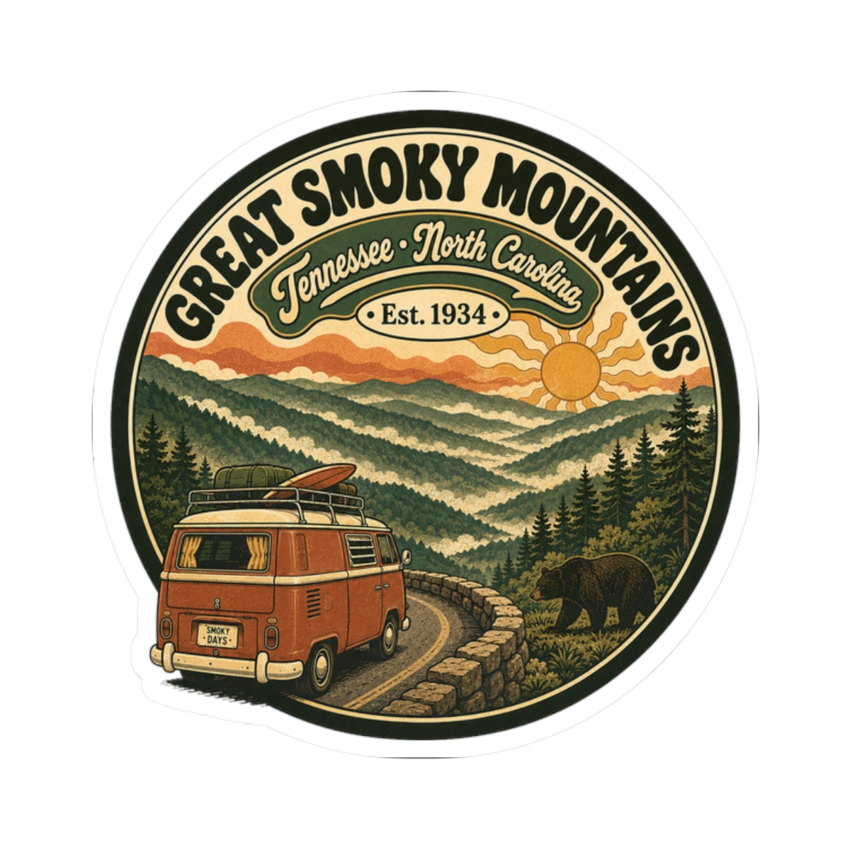 Round scenic decal with a retro camper van, layered hills, pine trees, and bear silhouette