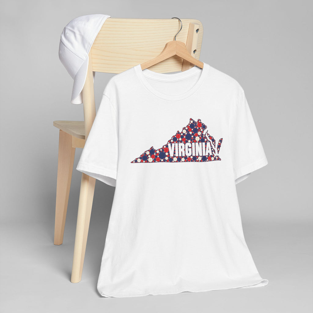White T-shirt with red white blue Virginia map graphic and floral polka dot details