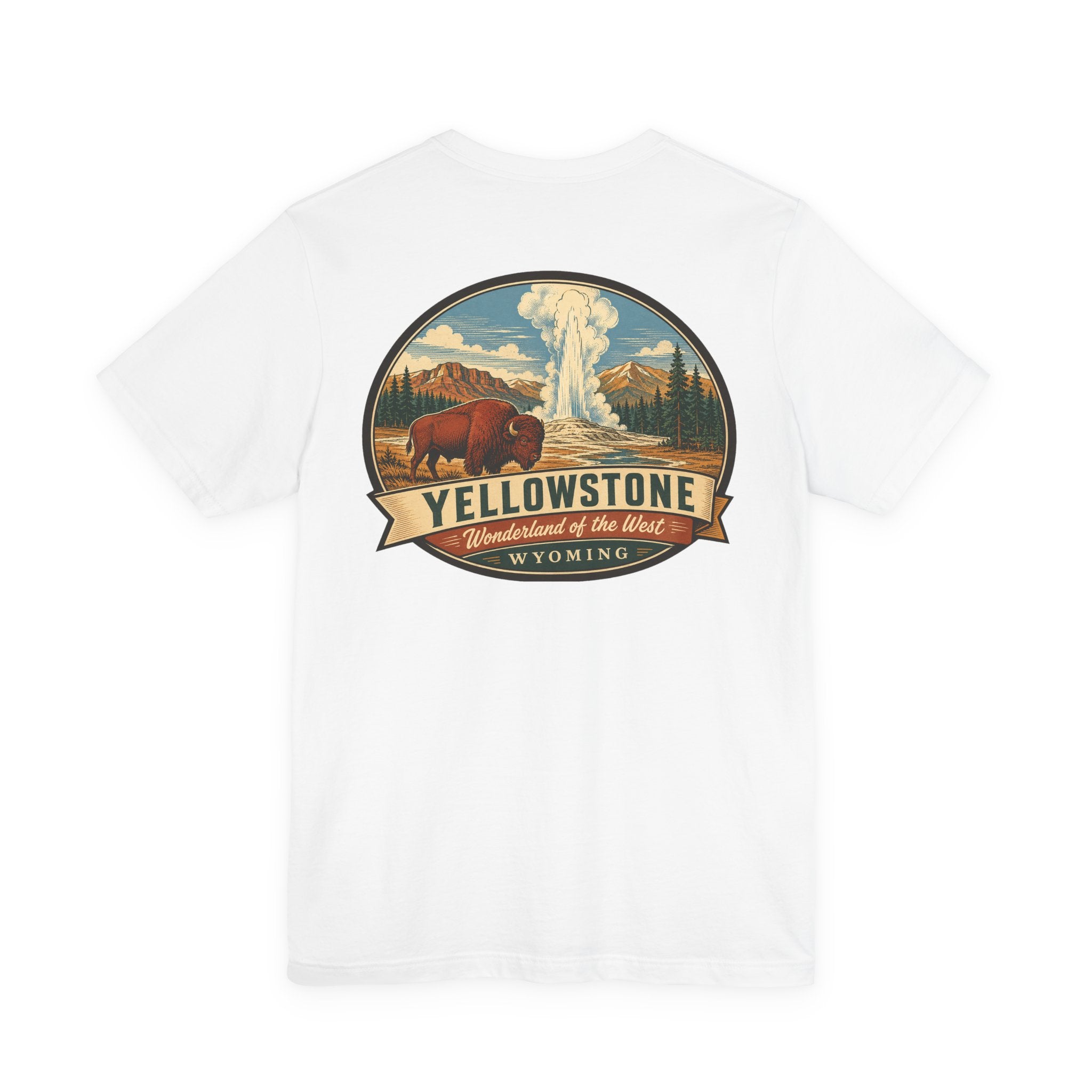 White Yellowstone t-shirt with circular bison and geyser graphic on chest