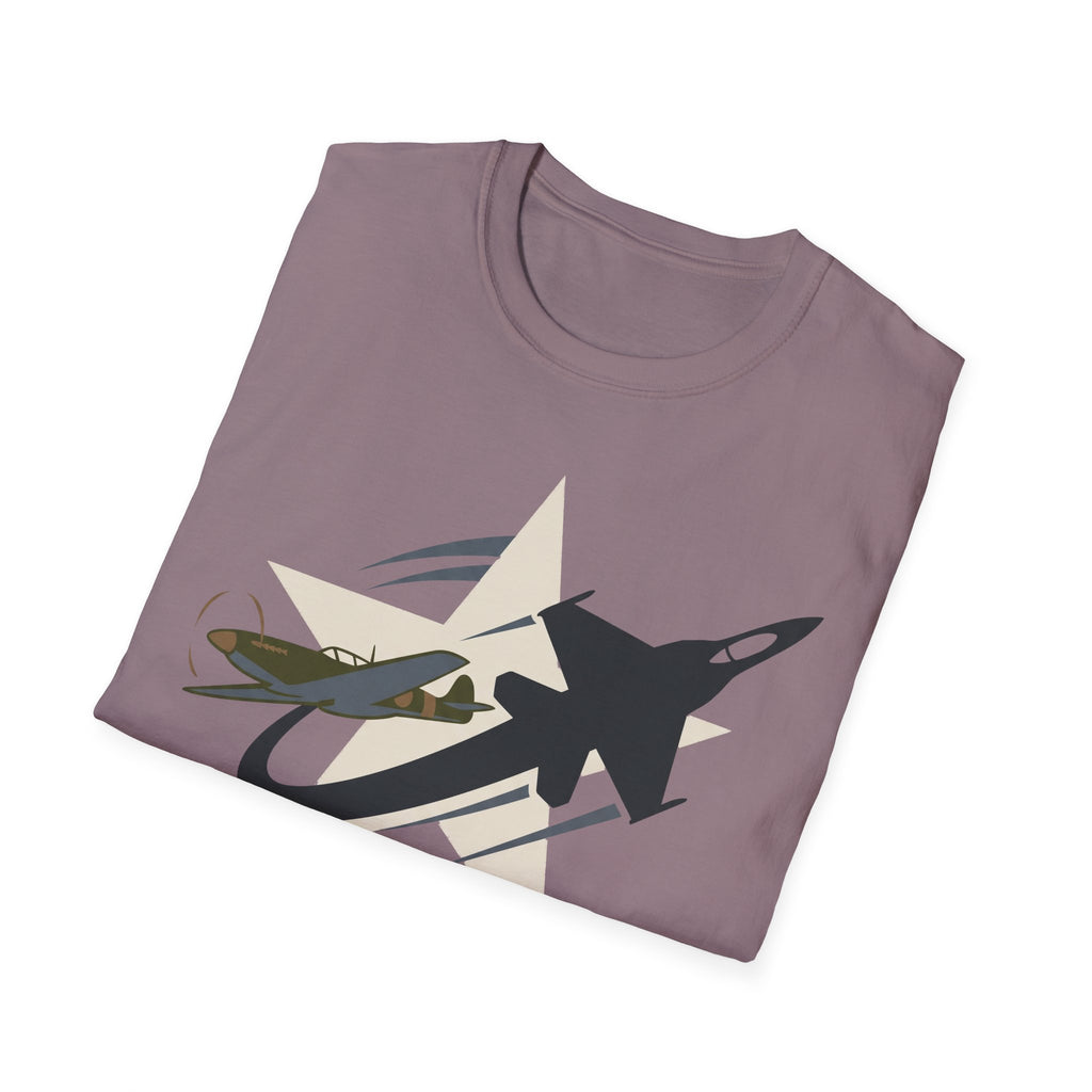 Mauve crew-neck T-shirt with front graphic of airplane and starburst insignia