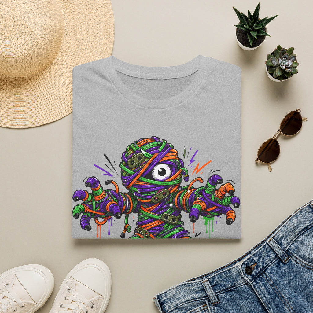Sport gray T-shirt with colorful wrapped monster mummy graphic