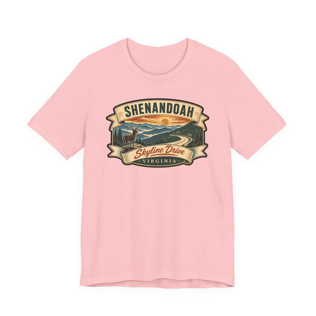 Light pink short-sleeve t-shirt with vintage Skyline Drive badge graphic on chest
