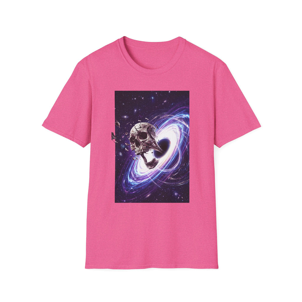 Pink T-shirt with cosmic skull and galaxy swirl graphic on the front