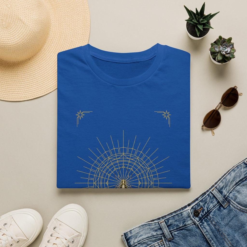 Royal blue T-shirt with gold spider mandala web and star accents graphic
