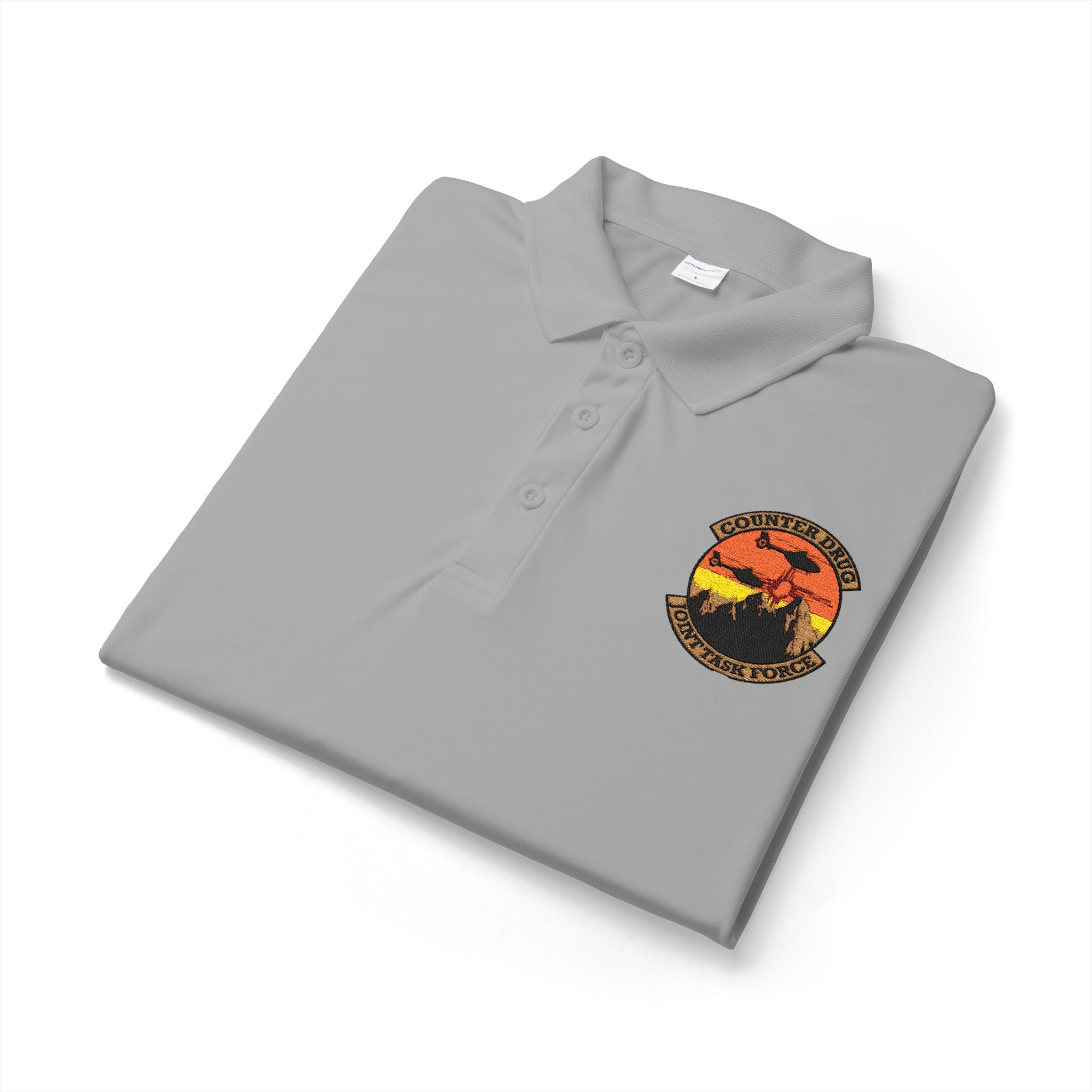 Polo shirt, gray, embroidered chest crest logo, button placket and short sleeves