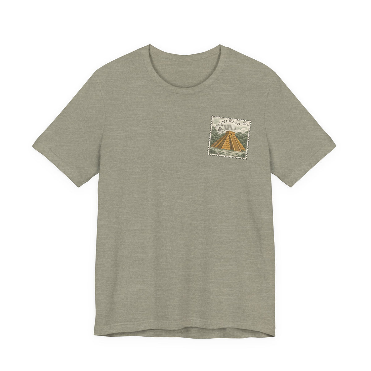 Olive green crew-neck t-shirt with small vintage Mexico postage-stamp graphic on chest.