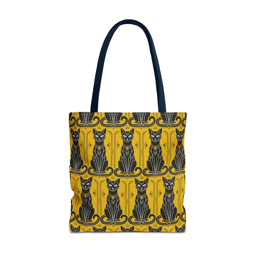 Yellow tote bag with ornate black cat print and border; navy shoulder straps