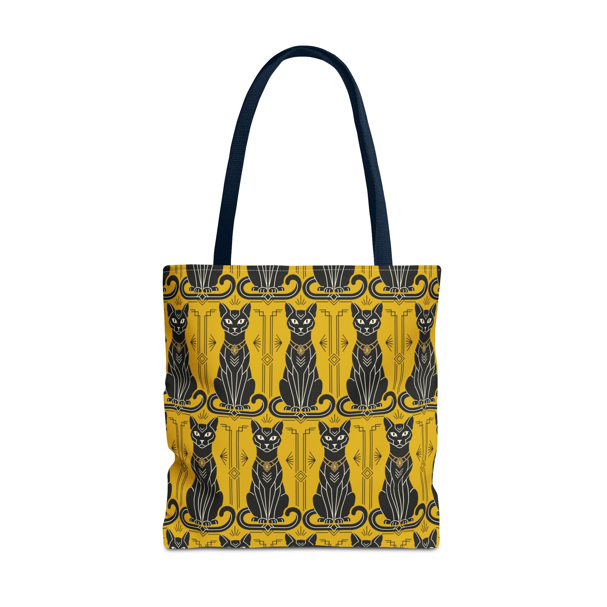 Yellow tote bag with ornate black cat print and border; navy shoulder straps