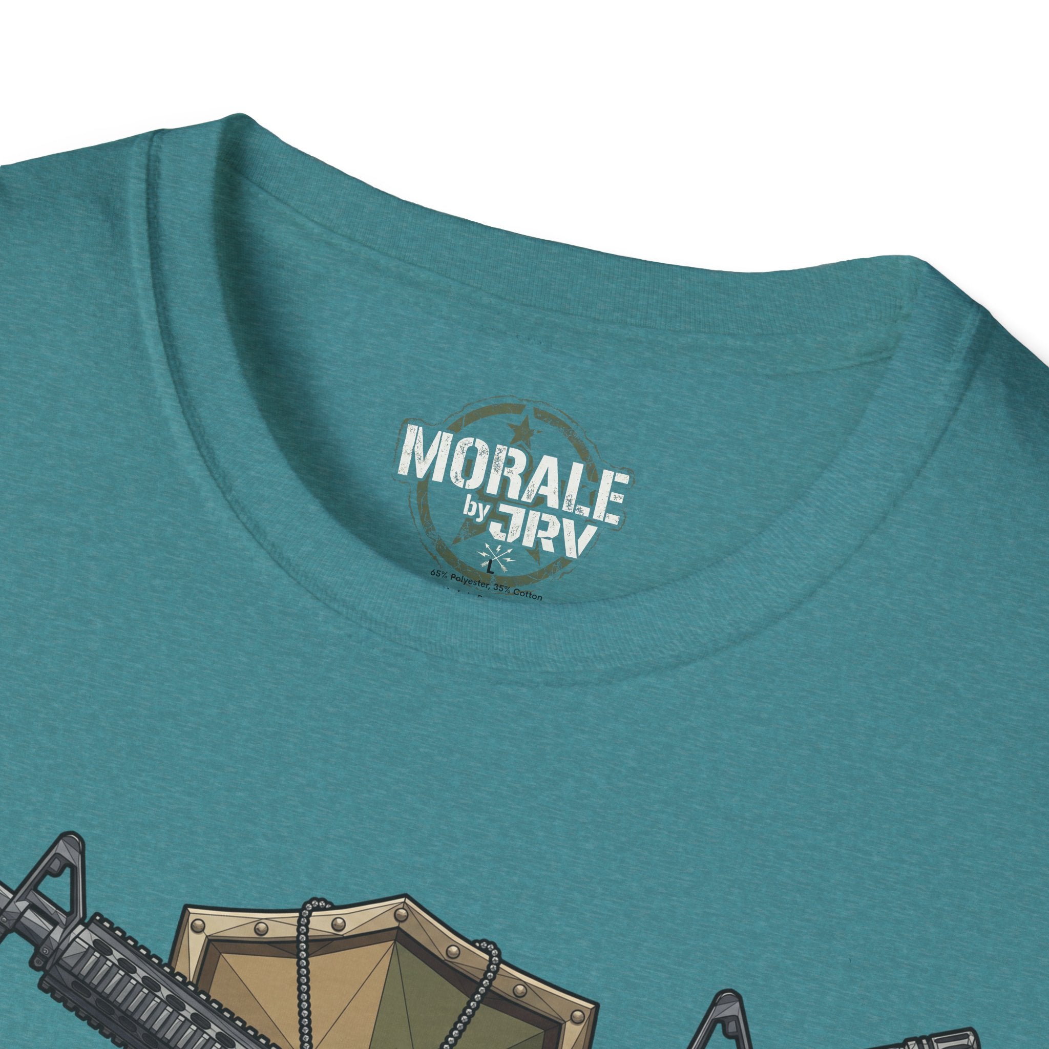 Teal crewneck T-shirt with small chest logo near neckline
