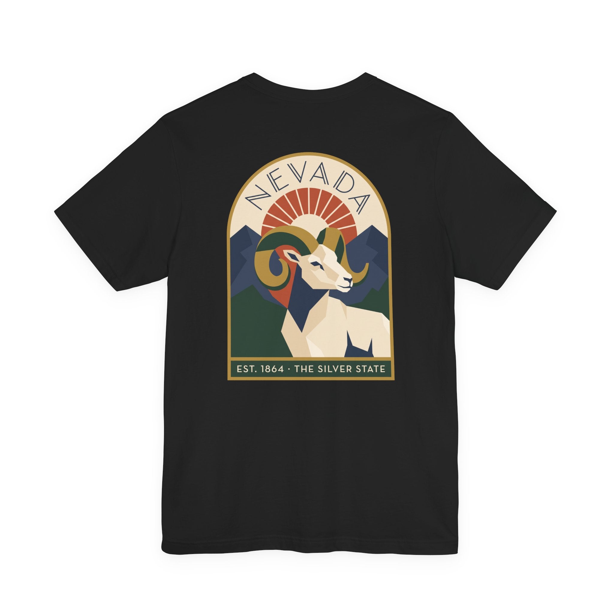 Nevada bighorn sheep art deco T-shirt, black with retro circular chest graphic