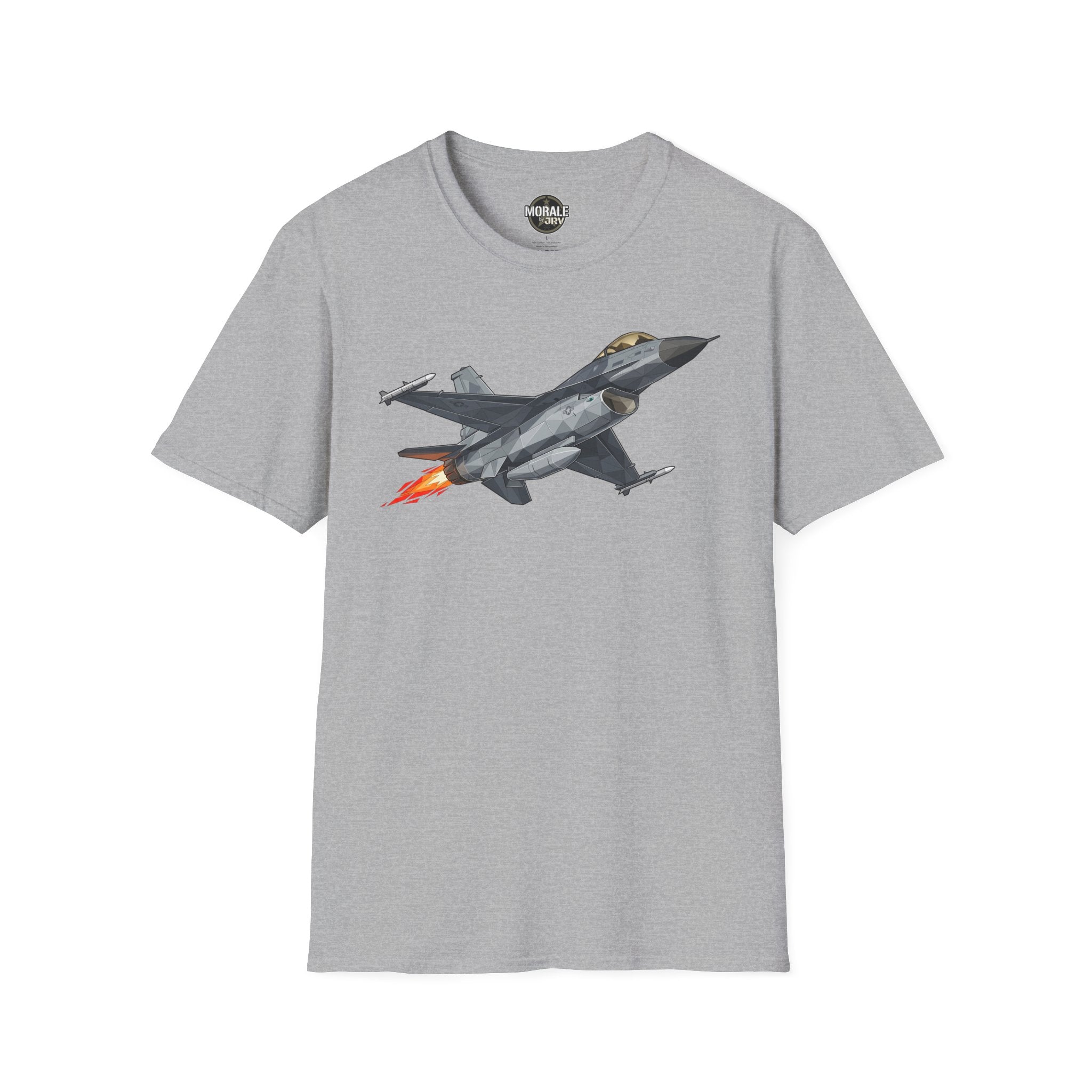 F-16 T-shirt, heather gray fabric with F-16 jet graphic and orange exhaust