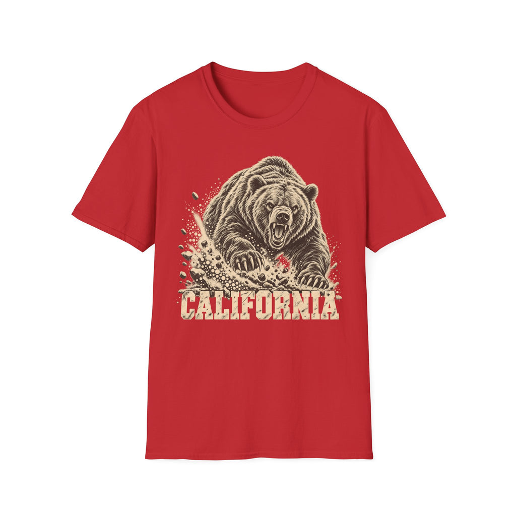 Red bear graphic t-shirt with vintage California wordmark and roaring bear print