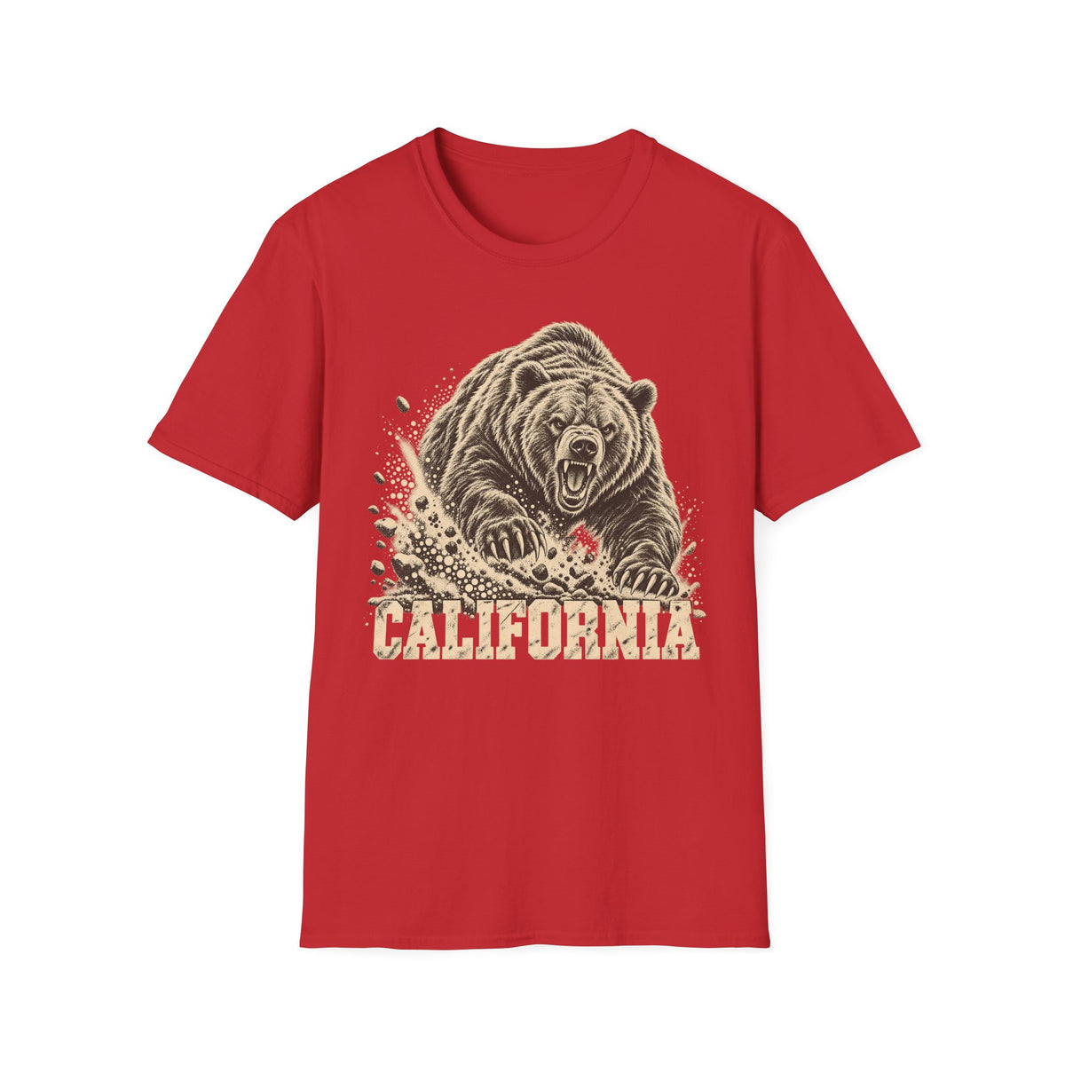 Red bear graphic t-shirt with vintage California wordmark and roaring bear print