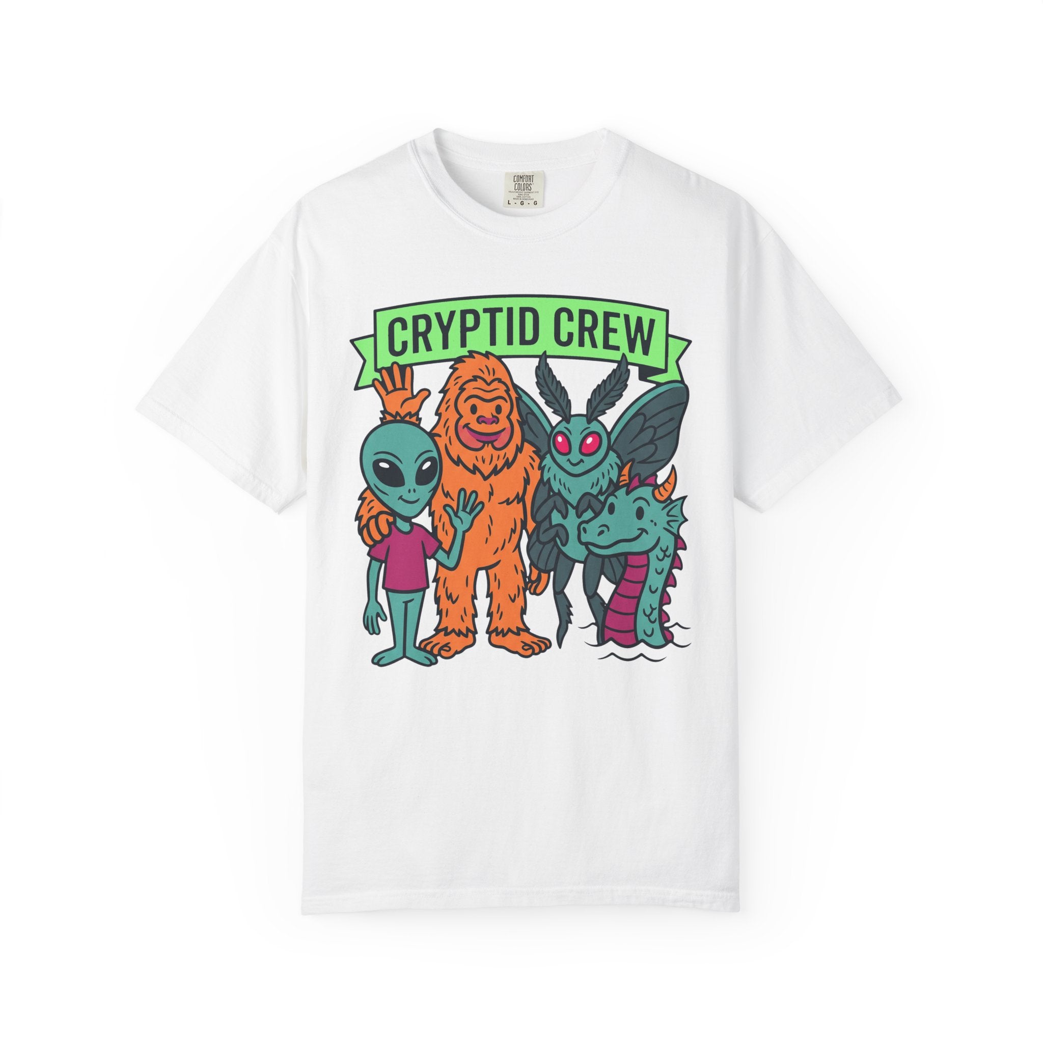 White crew neck t-shirt with “CRYPTID CREW” cartoon cryptid group graphic