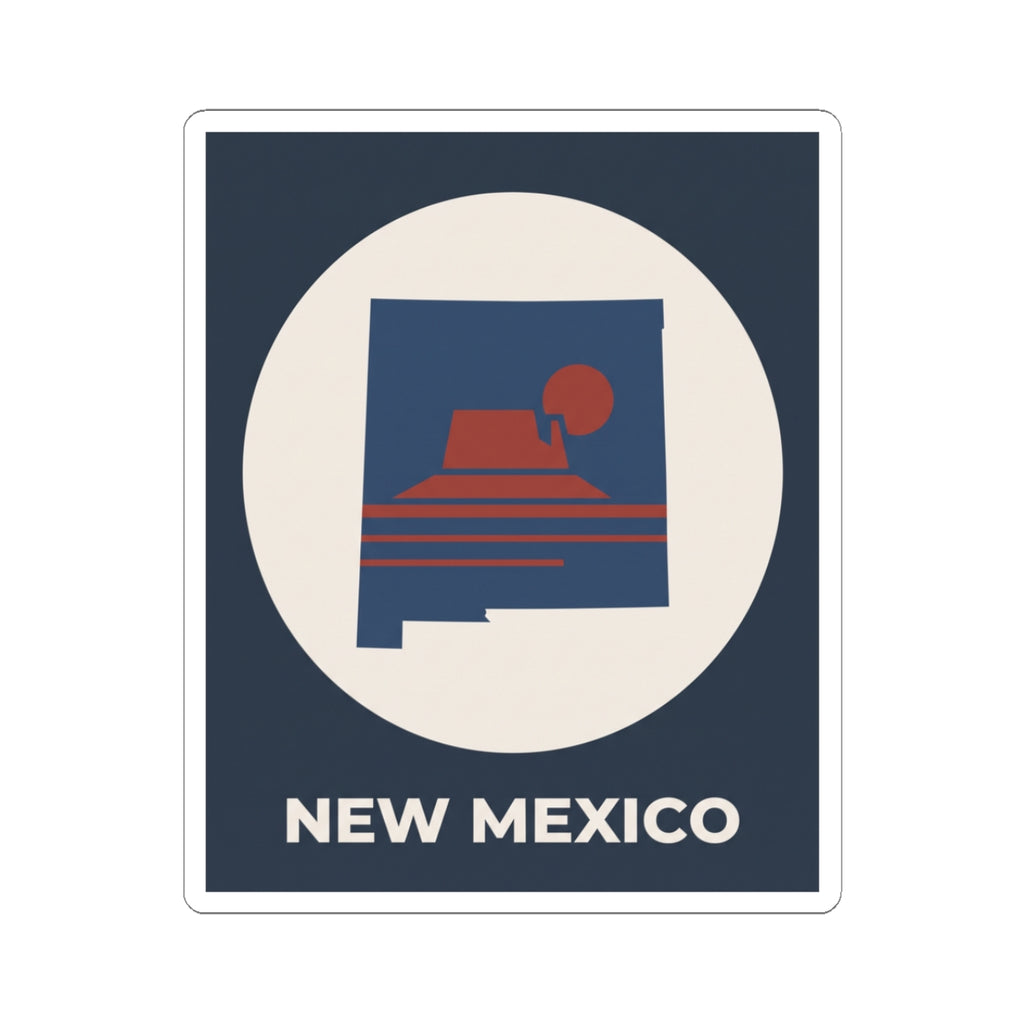 New Mexico sunset kiss-cut sticker with dark blue square, white circle, “NEW MEXICO” text.
