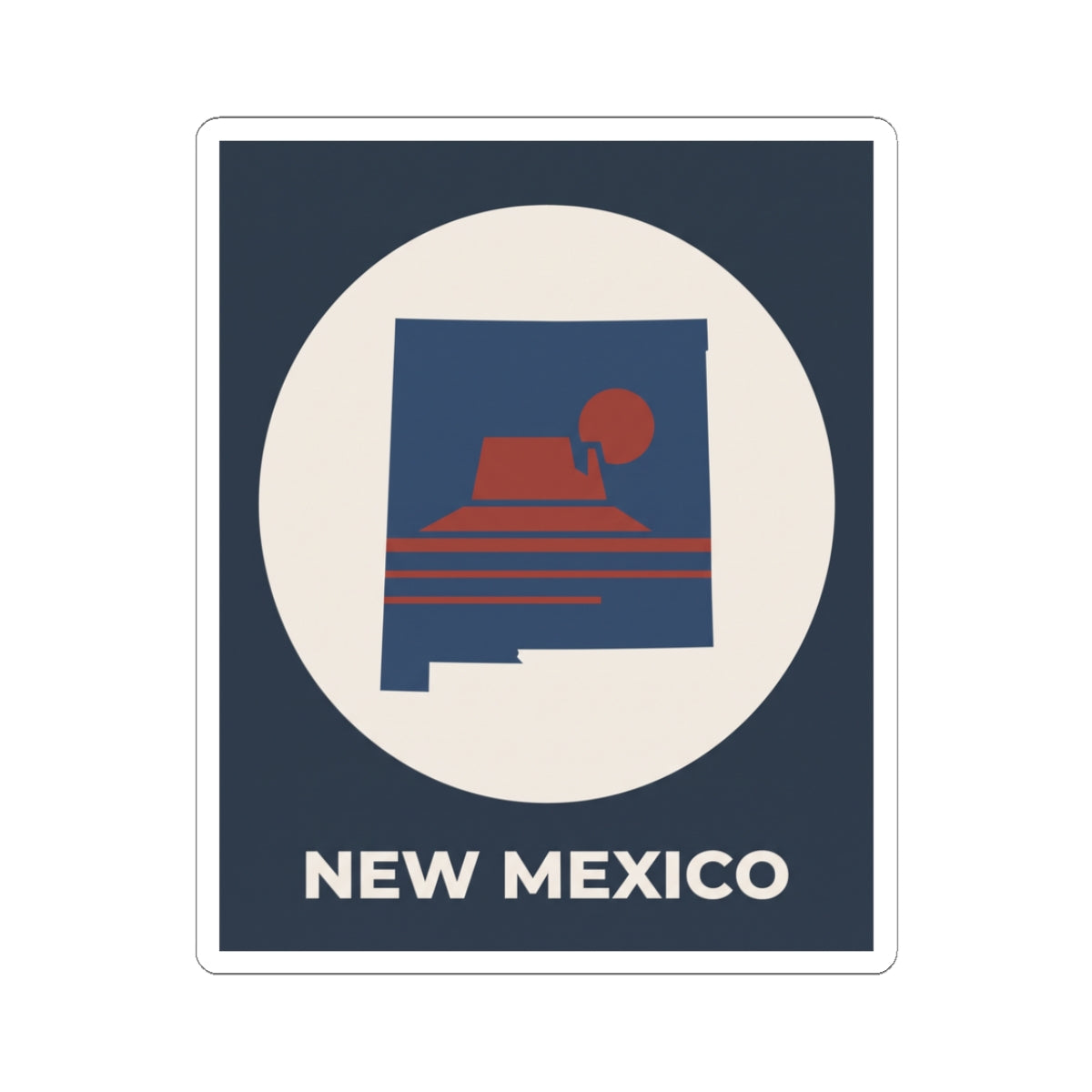 New Mexico sunset kiss-cut sticker with dark blue square, white circle, “NEW MEXICO” text.