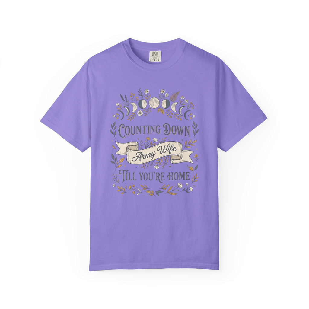 Purple T-shirt with “Counting Down Till You’re Home” Army Wife graphic