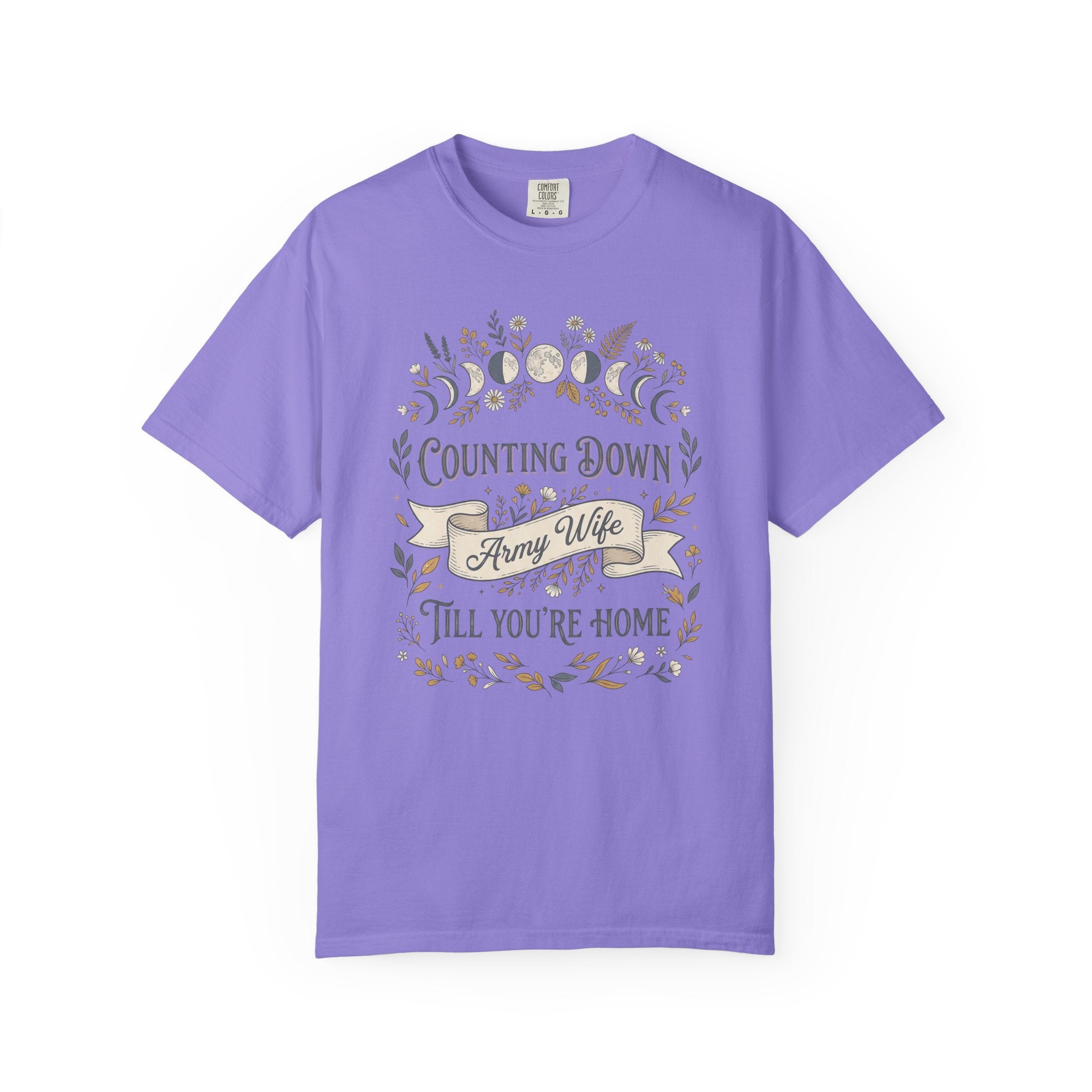 Purple T-shirt with “Counting Down Till You’re Home” Army Wife graphic