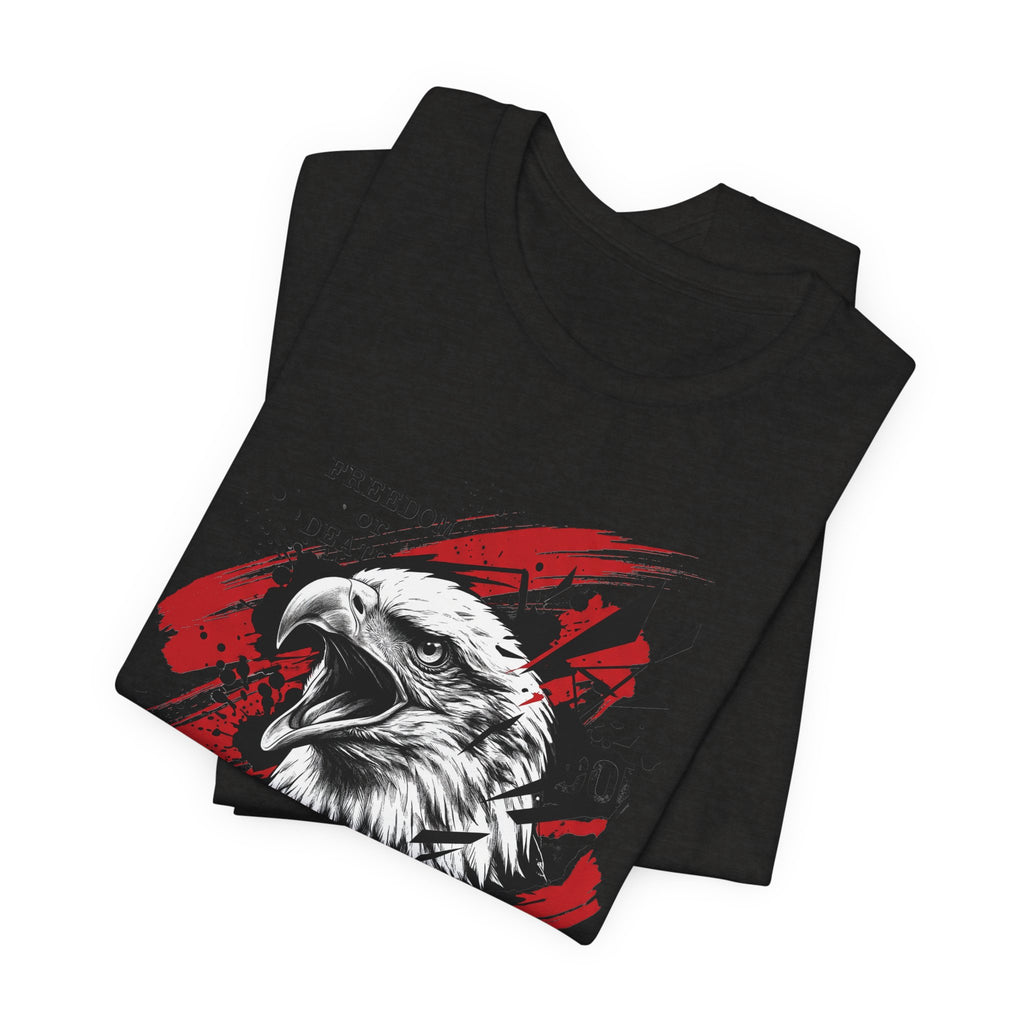 Black crewneck t-shirt with red splatter eagle head graphic