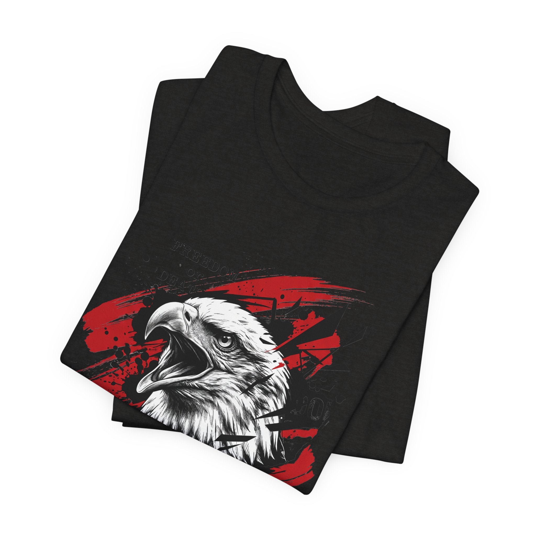 Black crewneck t-shirt with red splatter eagle head graphic