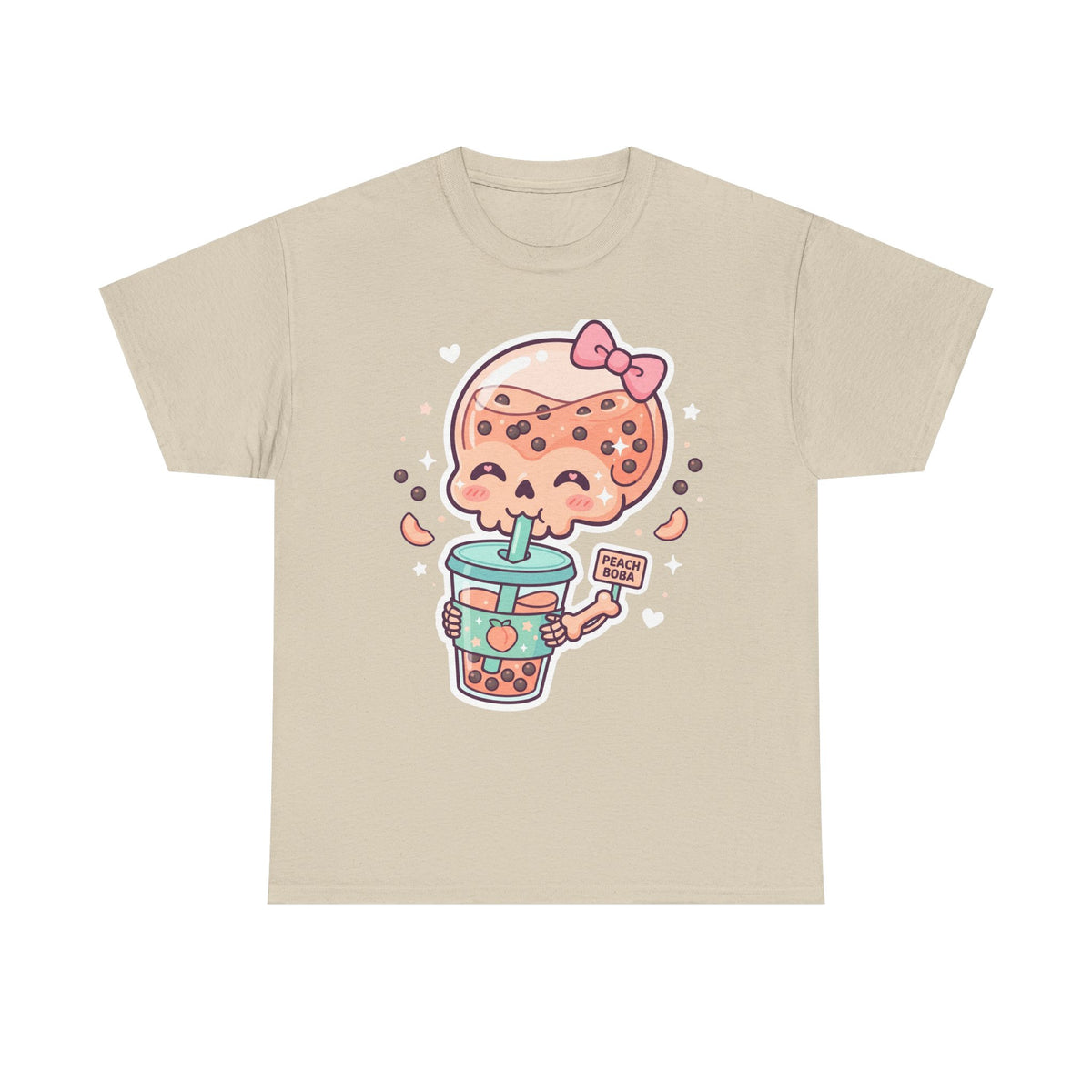 Beige T-shirt with cute bubble tea skull character holding a drink cup illustration