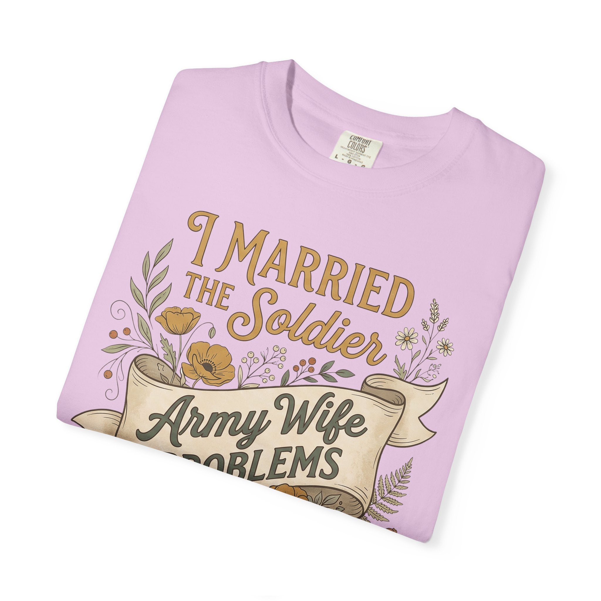 Pink-lavender T-shirt with floral “I Married the Soldier” front graphic