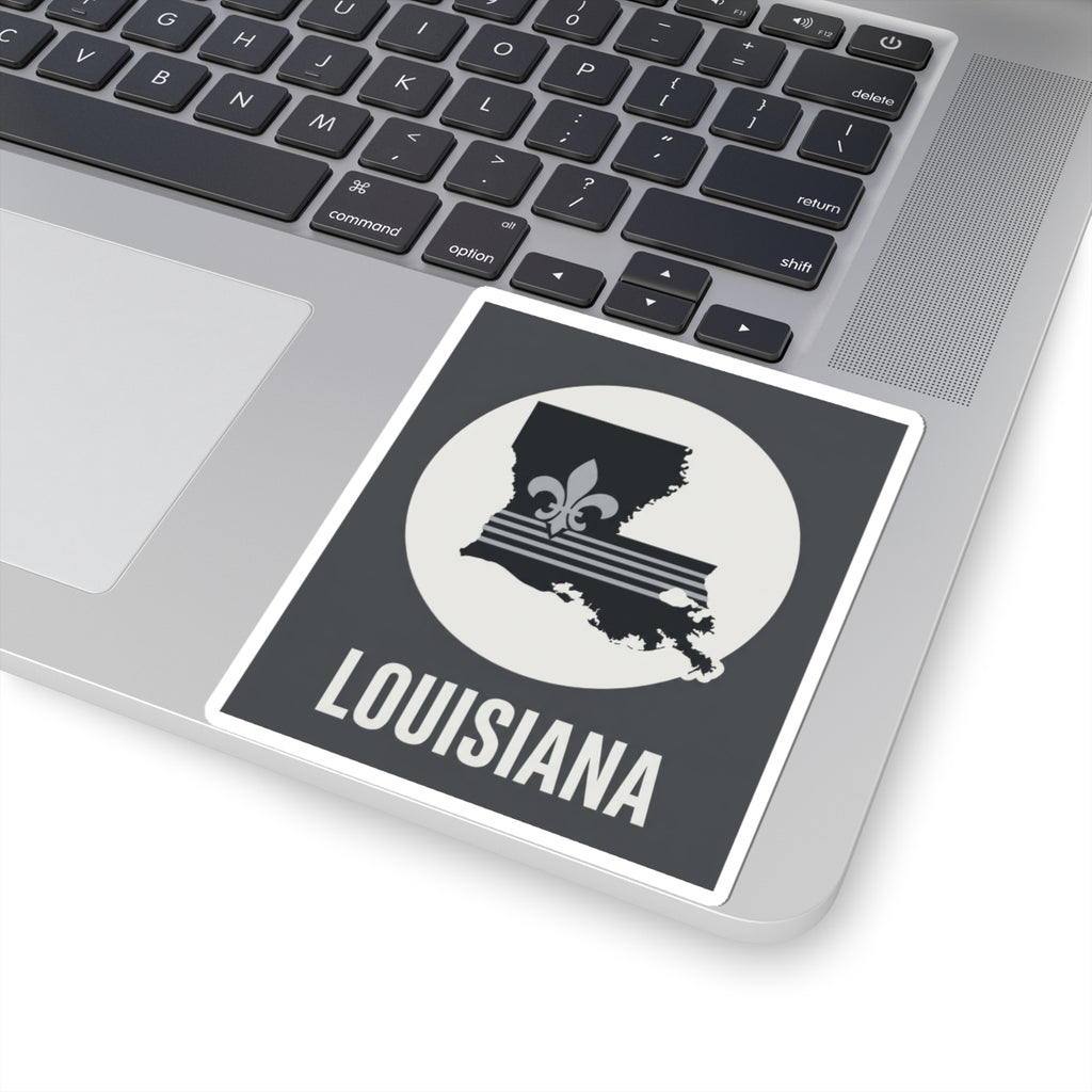 Louisiana fleur-de-lis kiss-cut sticker, black square with white circle and LOUISIANA lettering