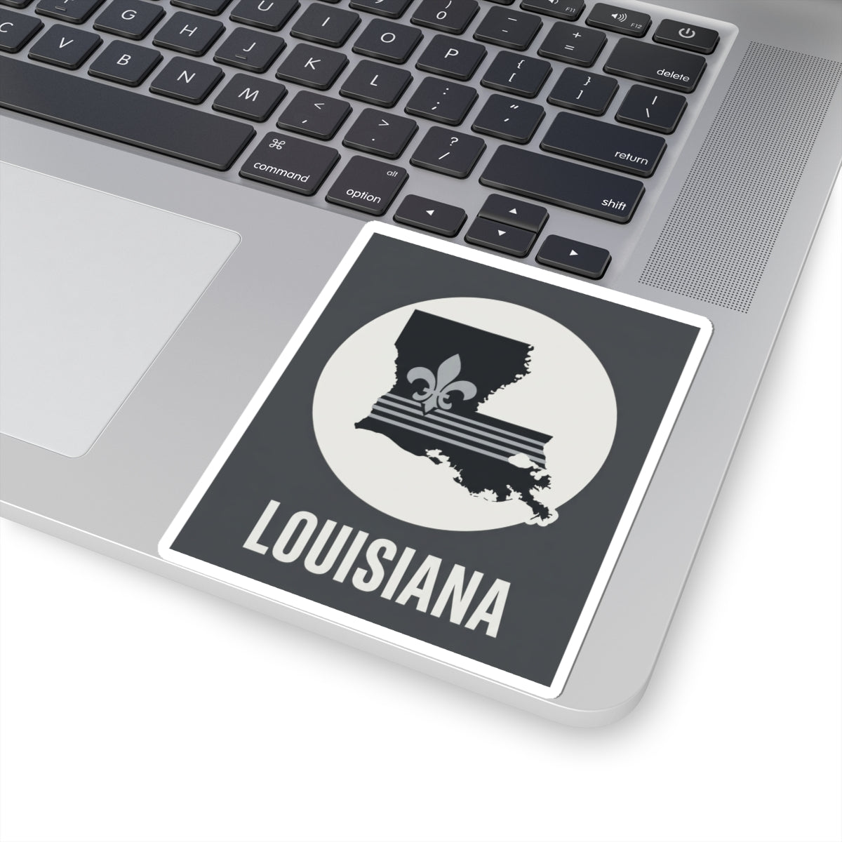 Louisiana fleur-de-lis kiss-cut sticker, black square with white circle and LOUISIANA lettering