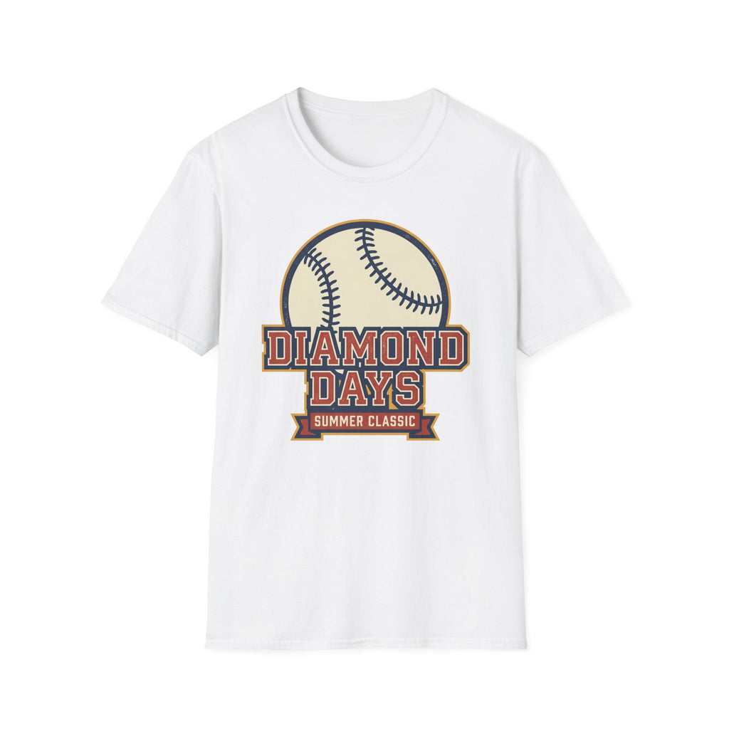 White baseball T-shirt with “DIAMOND DAYS” graphic and crossed baseballs.