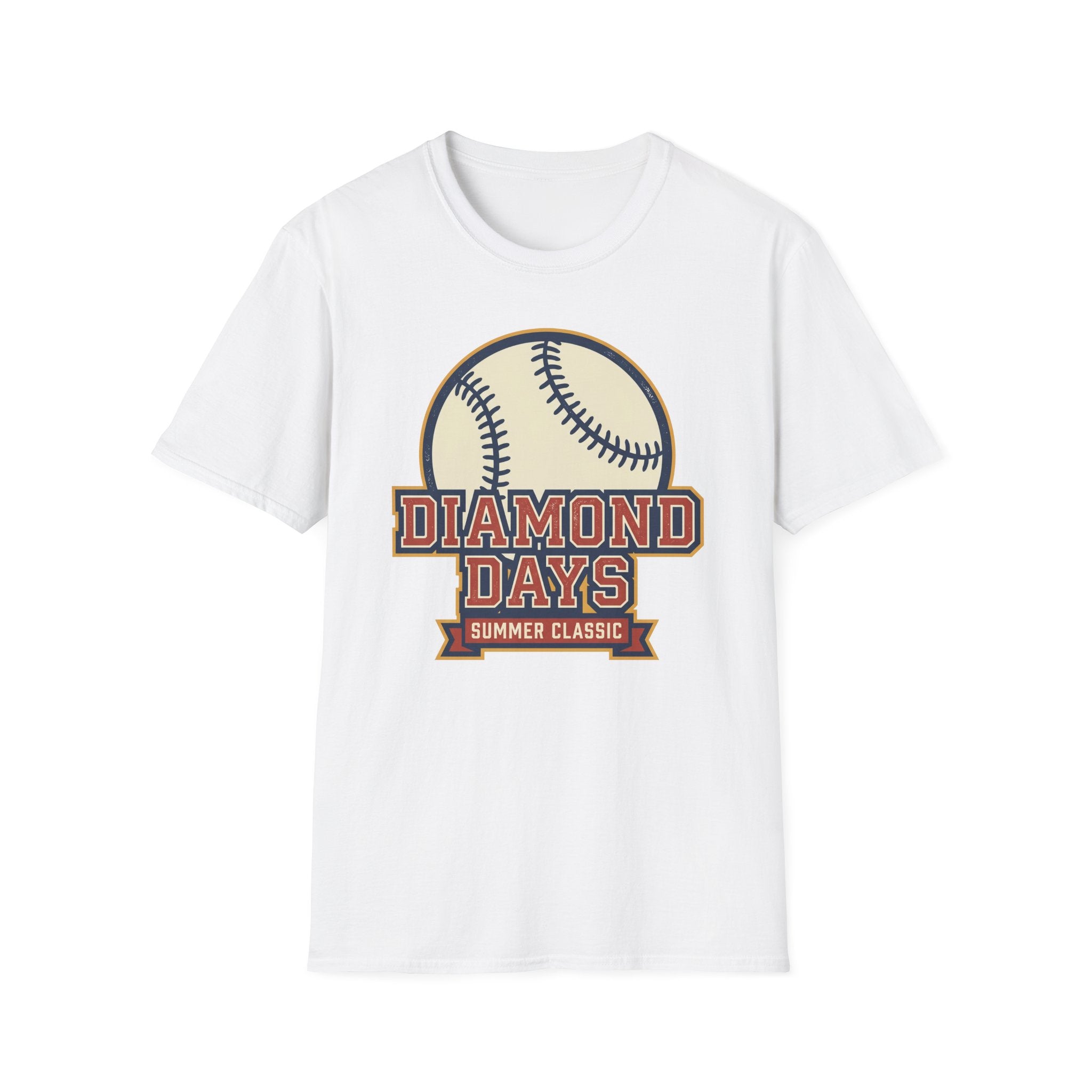 White baseball T-shirt with “DIAMOND DAYS” graphic and crossed baseballs.