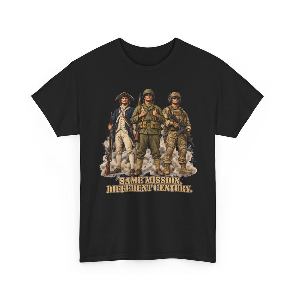 Black graphic soldiers T-shirt with bold text "Same Mission Different Century."