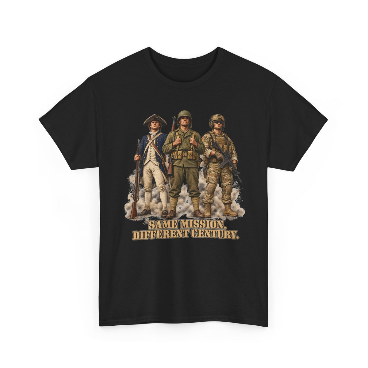 Black graphic soldiers T-shirt with bold text "Same Mission Different Century."
