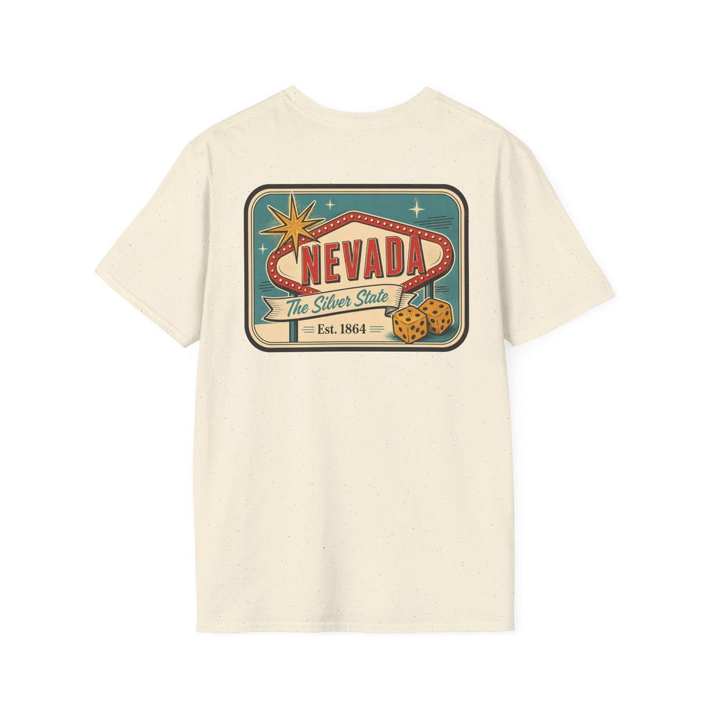Ivory T-shirt with Nevada luggage tag graphic print on the front
