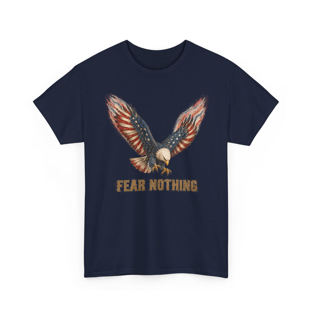 Navy t-shirt with eagle graphic and “FEAR NOTHING” text on front