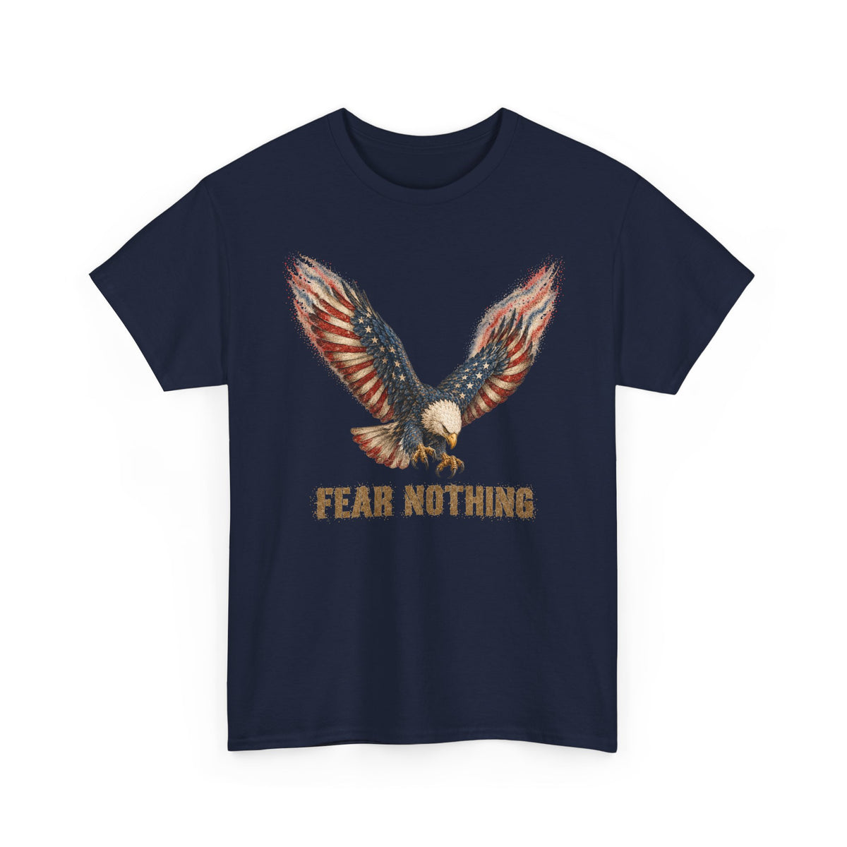 Navy t-shirt with eagle graphic and “FEAR NOTHING” text on front
