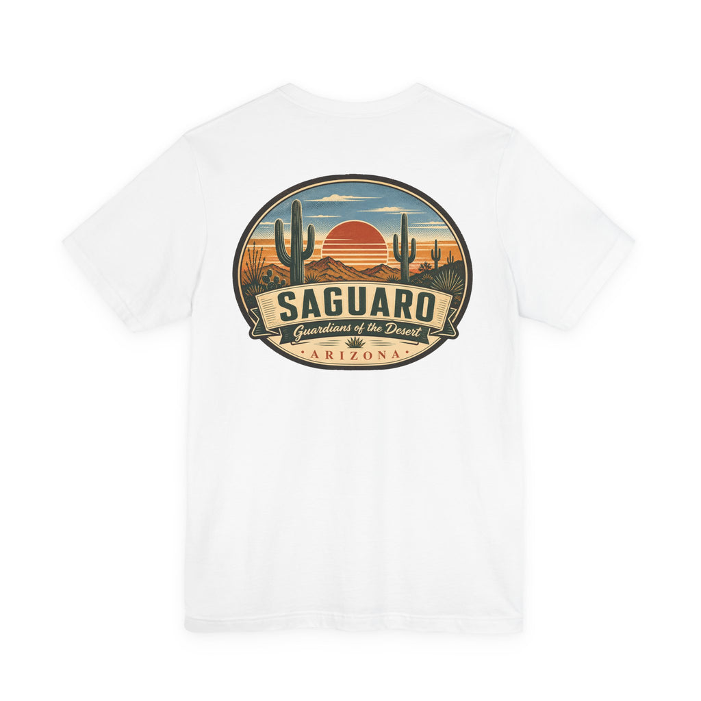 White t-shirt with circular Saguaro cactus desert graphic on the chest