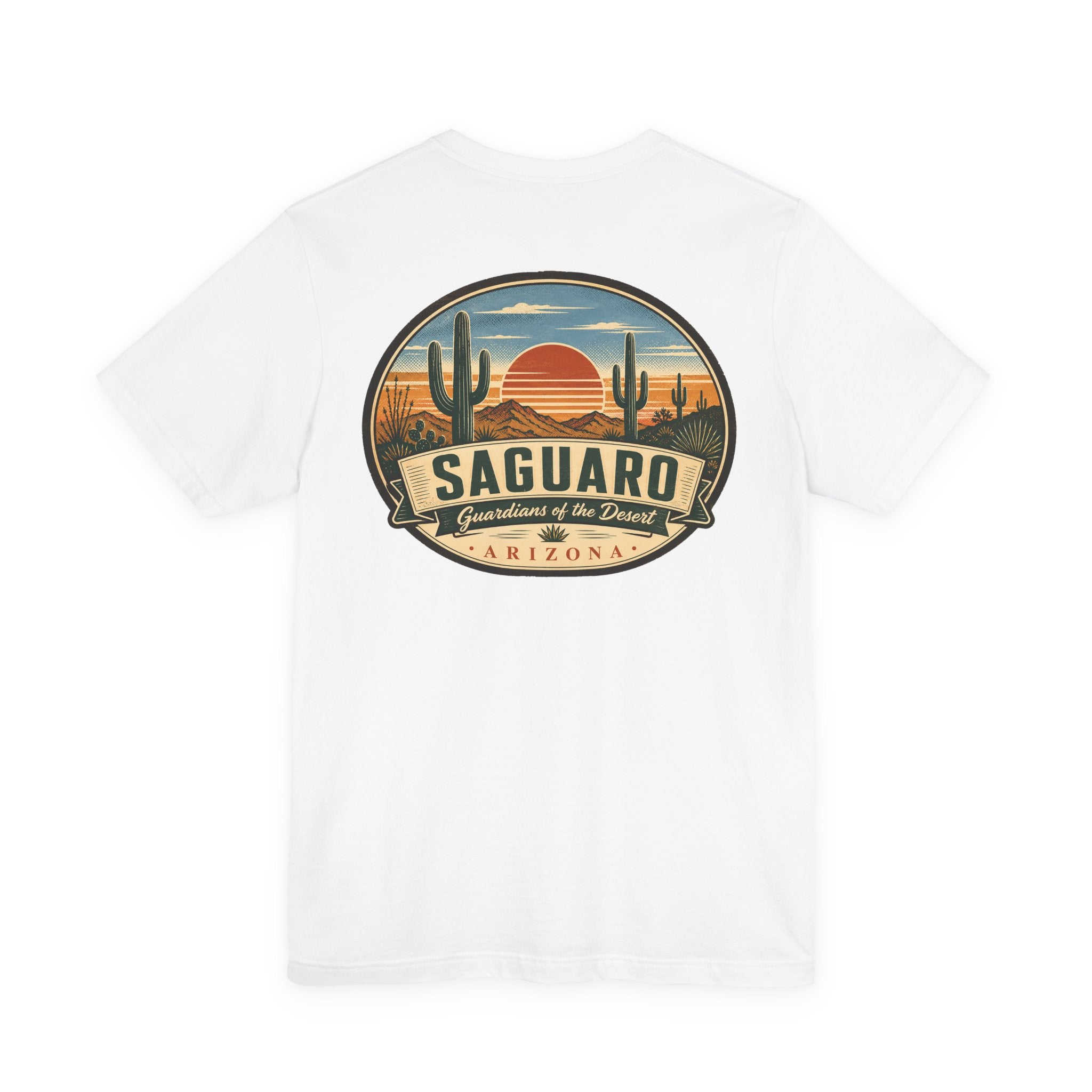 White t-shirt with circular Saguaro cactus desert graphic on the chest