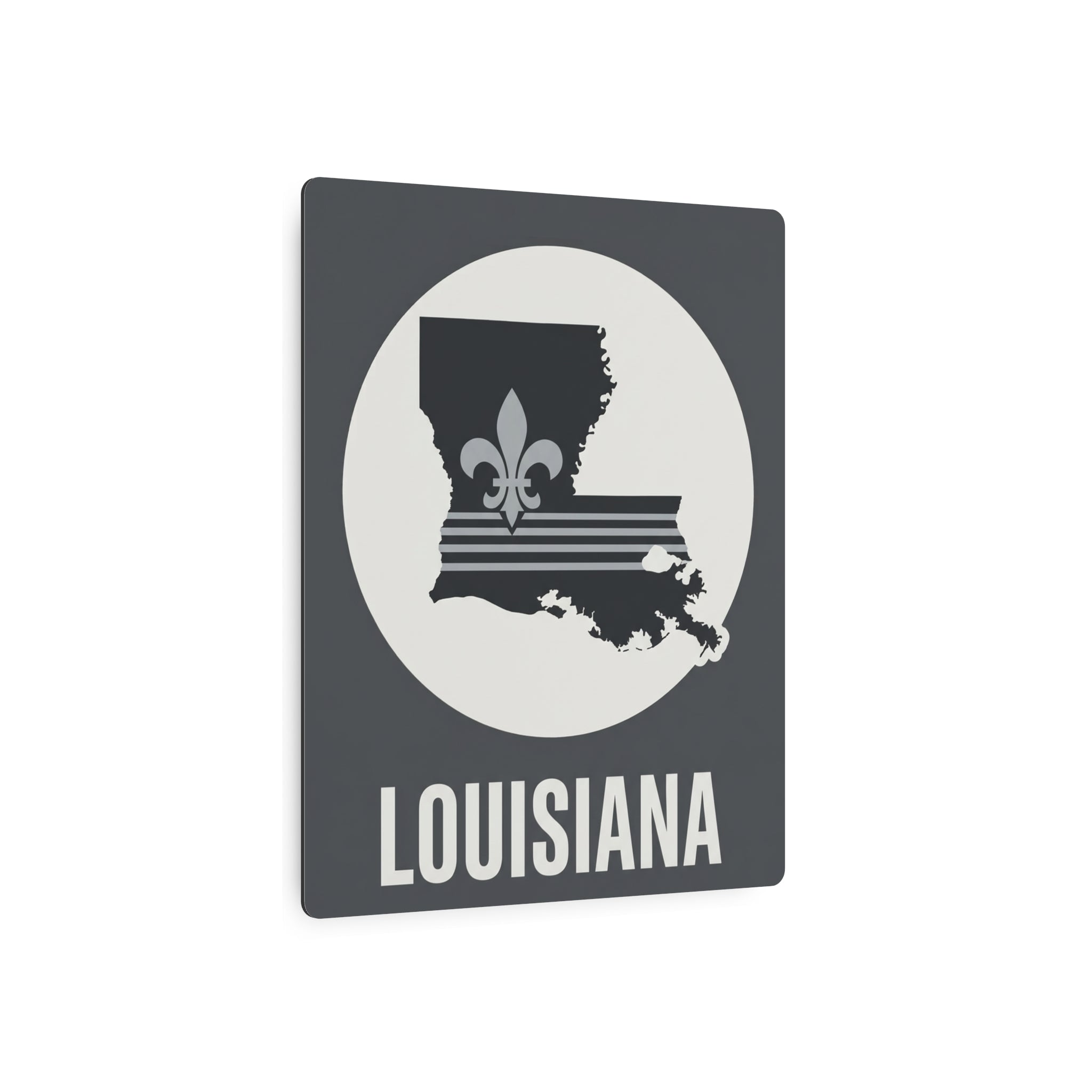 Louisiana metal wall sign with white circle emblem, fleur-de-lis silhouette, and “LOUISIANA”