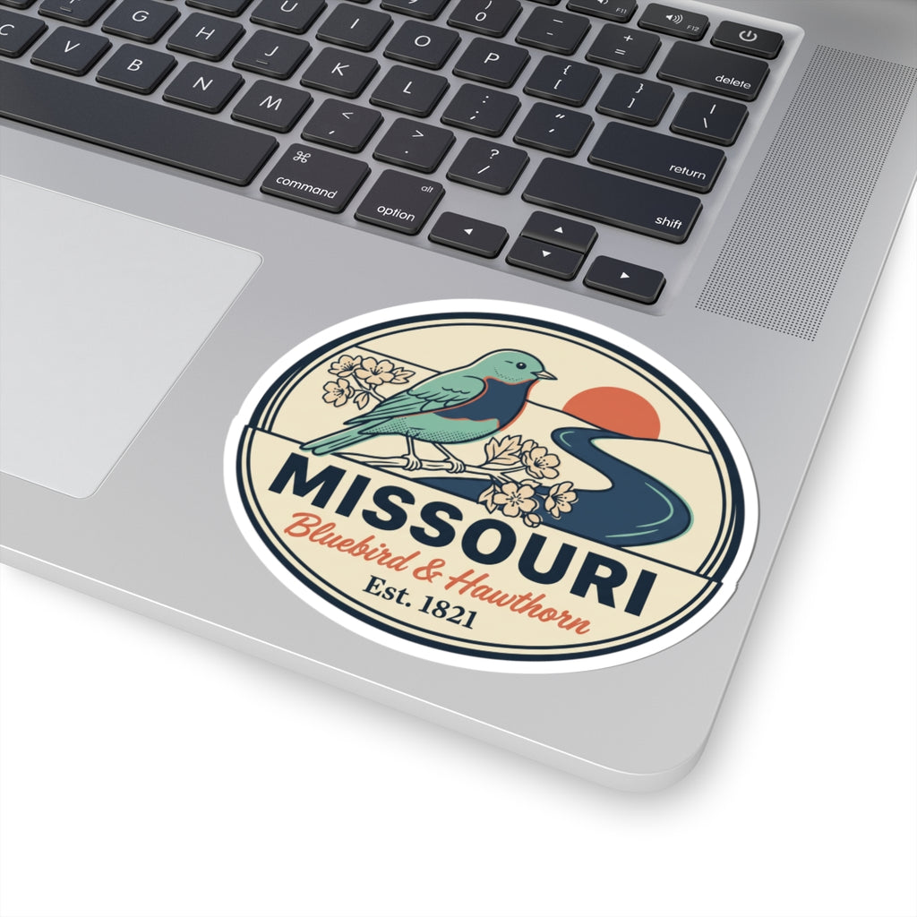 Round Missouri sticker with bluebird illustration, floral branch, and vintage border design